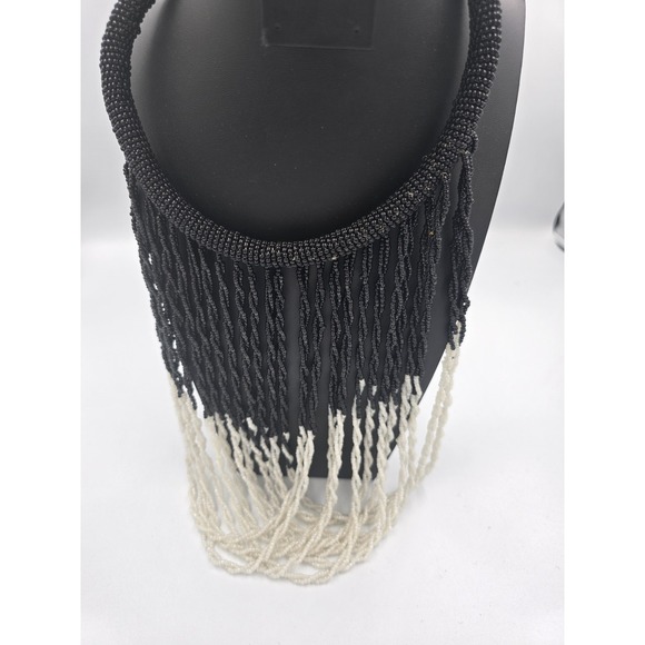 Vintage Tribal Style Seed Bead Waterfall Fringe Statement Necklace Black White - Picture 2 of 7